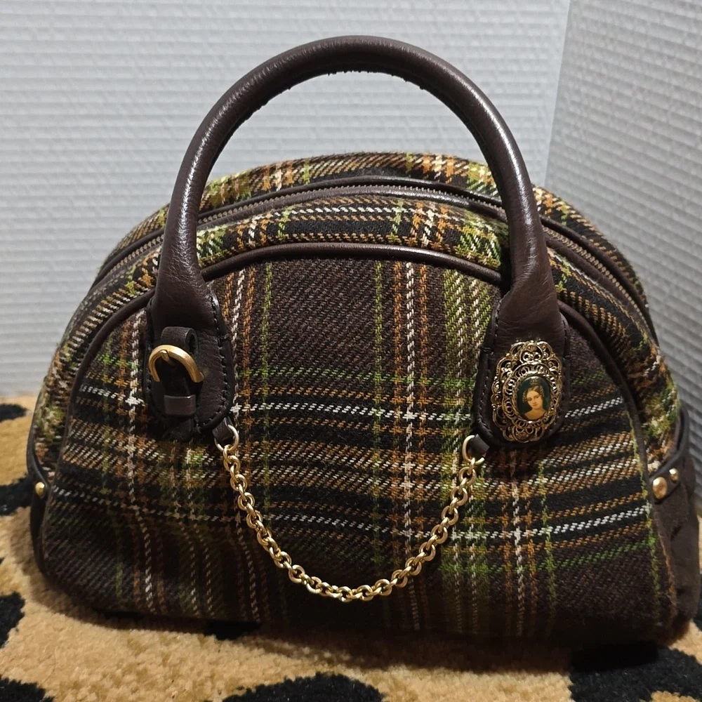 Juicy Couture Brown and Green Plaid Bowler Bag
